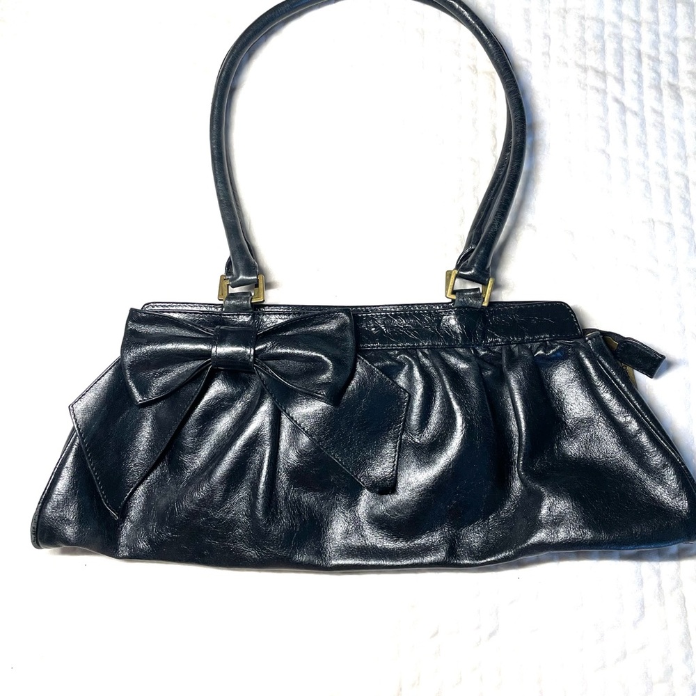 VTG Y2K HOBO Black Leather Bow-Trim Shoulder Bag